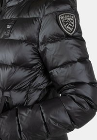 Manche de doudoune matelassée noire brillante avec un écusson décoratif en forme de bouclier sur le haut du bras et une petite étiquette en tissu noir près de la poitrine.