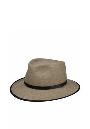 Taupe wide-brim felt fedora hat with black leather band and small round orange emblem on the side.