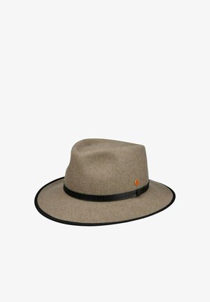 Taupe wide-brim felt fedora hat with black leather band and small round orange emblem on the side.