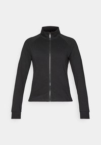Svart zip-up jacka med långa ärmar, med hög krage och ett slätt, elastiskt tyg. Diskret logo på bröstet. Enkelt design.