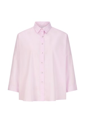 Helles rosa, kragenloses Hemd mit durchgehender Knopfleiste, locker geschnitten und mit kurzen Ärmeln, aus glattem Baumwollstoff gefertigt.