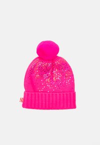 Rosa strikket lue med ribbet mansjett, toppet med en fluffy pom-pom. Har skinnende paljetter ordnet i et gradientmønster på kronen.