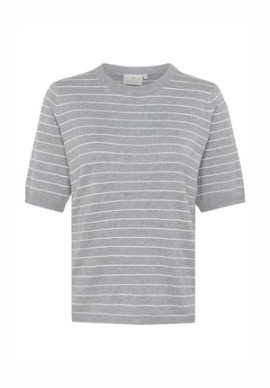 Hallid lühikeste varrukatega T-särk valgete horisontaalsete triipudega. Omab ümarat kaelust ja pehmet tekstuuri, sobib vabaaja riietuseks.