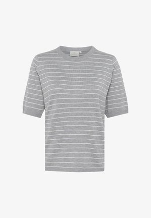 Hallid lühikeste varrukatega T-särk valgete horisontaalsete triipudega. Omab ümarat kaelust ja pehmet tekstuuri, sobib vabaaja riietuseks.