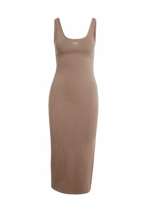 Hnědé žebrované midi šaty se zaobleným výstřihem a ramínky. Na hrudi mají malé logo. Měkká látka s přiléhavým střihem.