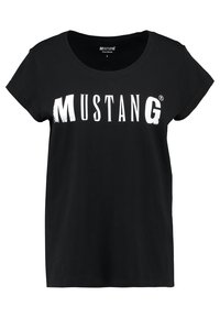 Czarna, krótko rękawowa koszulka damska z białym logo "MUSTANG" na piersi i okrągłym dekoltem.