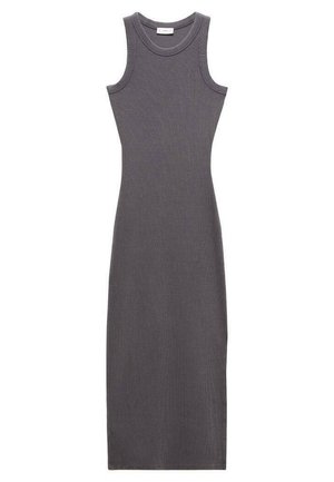 Ærmeløs, ribstrikket mørkegrå midikjole med rund halsudskæring og figursyet silhuet.