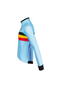 Maillot de cyclisme à manches longues en bleu clair avec des rayures horizontales noires, jaunes et rouges. Doté d'un col haut et d'une poche arrière.