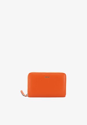 Orange leather wallet with a textured finish, zip closure, and a small, matching zipper pull. Features a discreet brand logo on the front.