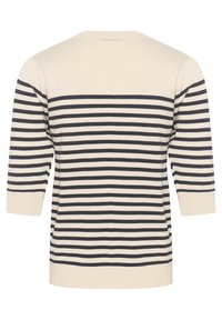 Maglione a righe in beige e blu navy con maniche a tre quarti. Presenta un collo a giro e righe orizzontali su tutta la silhouette.