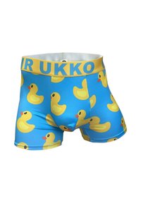 Niebieskie bokserki z powtarzającym się wzorem żółtej gumowej kaczuszki, z żółtym paskiem w talii z napisem "MR UKKO".