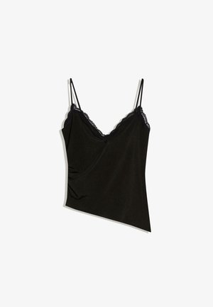Black asymmetrical camisole top with thin straps and lace trim along the neckline.
