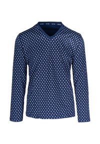 Long-sleeve V-neck shirt in navy blue with a white and red diamond pattern. Made from soft fabric with a smooth texture.