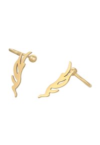 Guldmetalløreringe med en flydende, abstrakt form og udskårne designs. Glat overflade med en poleret finish og kugleformede studs.
