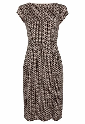 Robe longueur genou avec manches courtes, taille ajustée et motif de feuilles géométriques noires et beiges sur fond clair. Aucun mannequin visible.