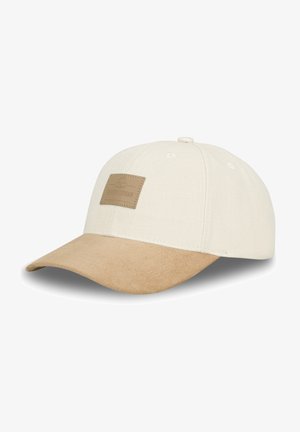 White fabric cap with a beige suede visor, featuring a rectangular leather patch with embossed logo on the front.
