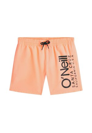 Heledate oranžide ujumispükste musta paelaga ning paremal jalal musta tekstiga "O'Neill Santa Cruz California U.S.A".