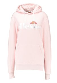 Sudadera de color rosa claro con un bolsillo frontal, capucha con cordón y un gran logo blanco que presenta un gráfico en naranja y rosa sobre el texto.