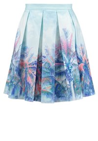 Jupe plissée bleu clair ornée d'un motif de palmiers en rose vif et vert. Confectionnée en matière douce avec une coupe fluide.