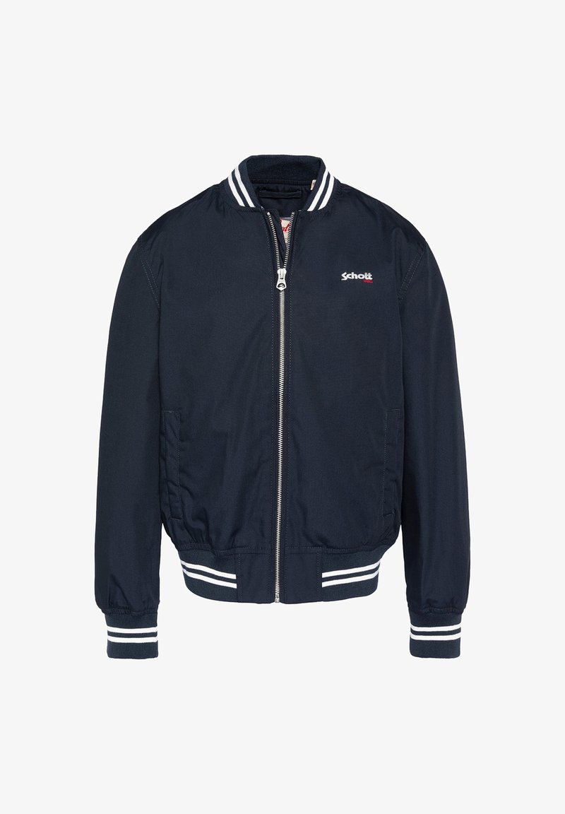 Veste bombardier marine avec fermeture éclair à l'avant, col et poignets côtelés à rayures blanches, poches latérales et logo brodé sur la poitrine.