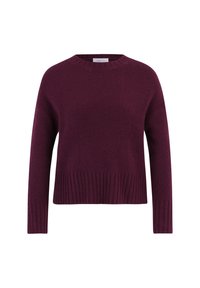 Pull en maille bourgogne avec un col rond, des manches longues et un ourlet côtelé ; texture douce et coupe décontractée.