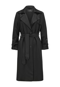 Schwarzer Trenchcoat mit breitem Kragen, tailliertem Bund, geknöpften Bündchen und gerader Silhouette. Aus glattem, leichtem Stoff gefertigt.