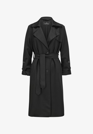 Black trench coat with a wide collar, belted waist, buttoned cuffs, and a straight silhouette. Made of smooth, lightweight fabric.