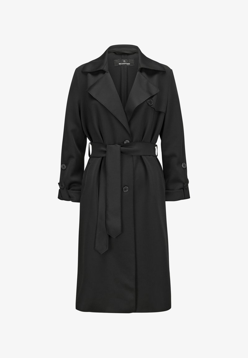 Schwarzer Trenchcoat mit breitem Kragen, tailliertem Bund, geknöpften Bündchen und gerader Silhouette. Aus glattem, leichtem Stoff gefertigt.