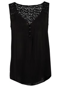 Blouse noire sans manches avec empiècement en dentelle, col en V et trois boutons sur le devant, en tissu léger.
