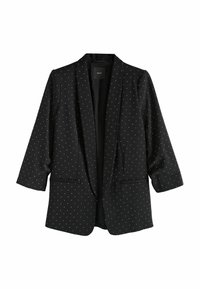 Blazer nero con chiusura a un bottone, caratterizzato da pois bianchi, due tasche frontali e maniche a tre quarti. Tessuto morbido.