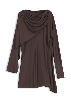Mørkebrun langærmet tunika med asymmetrisk draperet halsudskæring og kant, lavet af glat, flydende stof.
