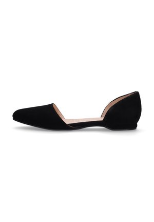 Black suede flats with pointed toe and low back design. Smooth texture, minimal stitching, and a subtle cut-out on the sides.