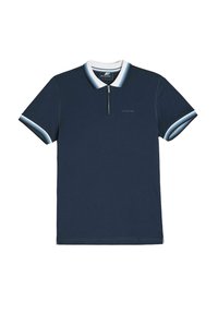 Granatowa koszulka polo z krótkim rękawem, biała i niebieska w paski kolor, z suwakiem z przodu, miękki materiał oraz dyskretny logo na piersi.