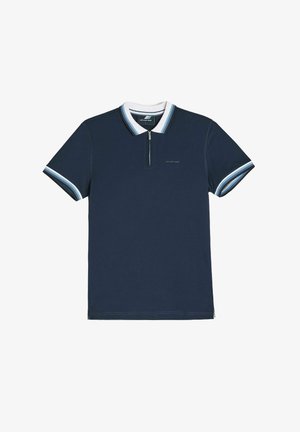 Granatowa koszulka polo z krótkim rękawem, biała i niebieska w paski kolor, z suwakiem z przodu, miękki materiał oraz dyskretny logo na piersi.