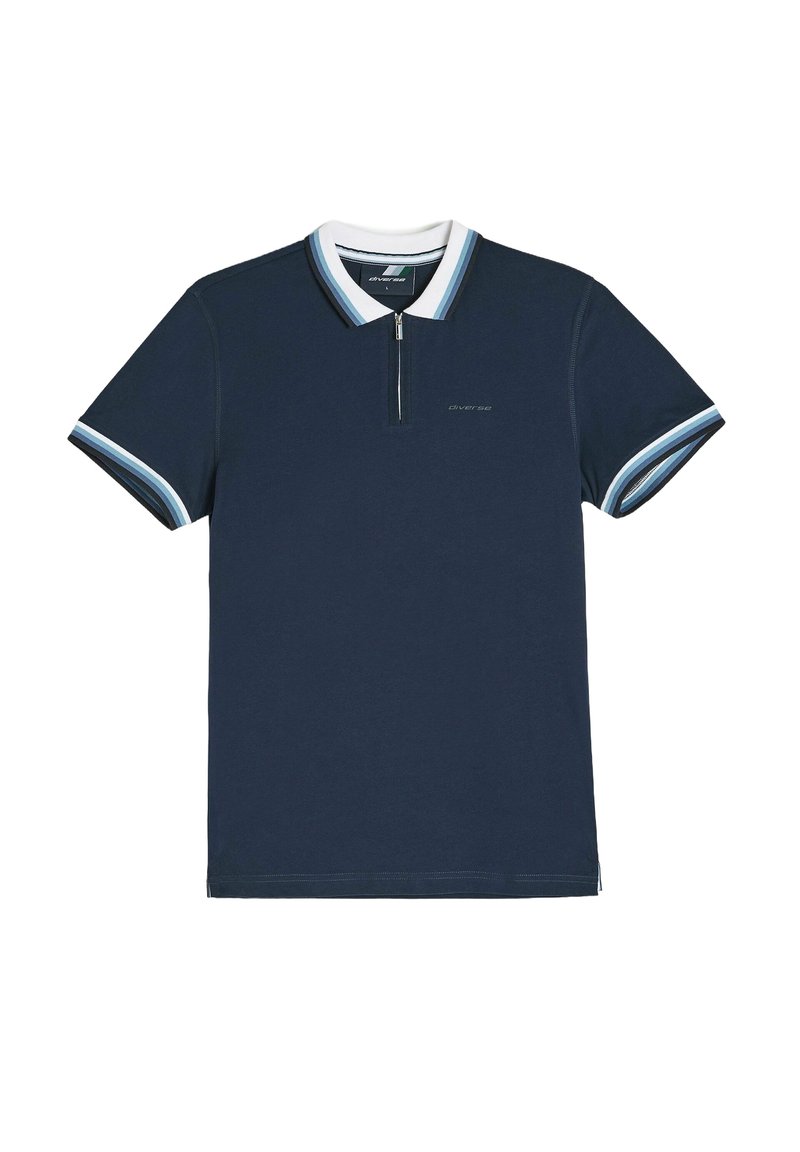 Granatowa koszulka polo z krótkim rękawem, biała i niebieska w paski kolor, z suwakiem z przodu, miękki materiał oraz dyskretny logo na piersi.