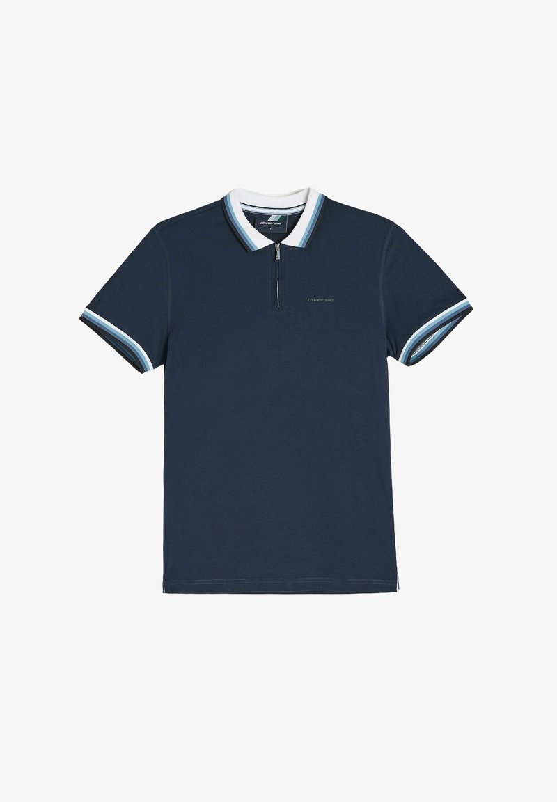 Granatowa koszulka polo z krótkim rękawem, biała i niebieska w paski kolor, z suwakiem z przodu, miękki materiał oraz dyskretny logo na piersi.