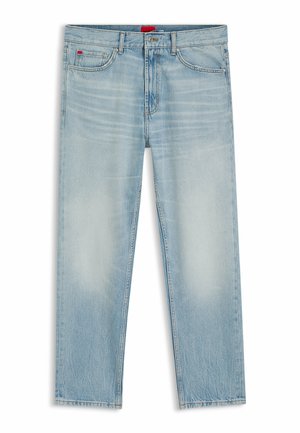 Hellblaue Jeans aus Denim mit geradem Bein, fünf Taschen, Knopf- und Reißverschluss sowie dezentem Verblassen an Oberschenkeln und Knien.