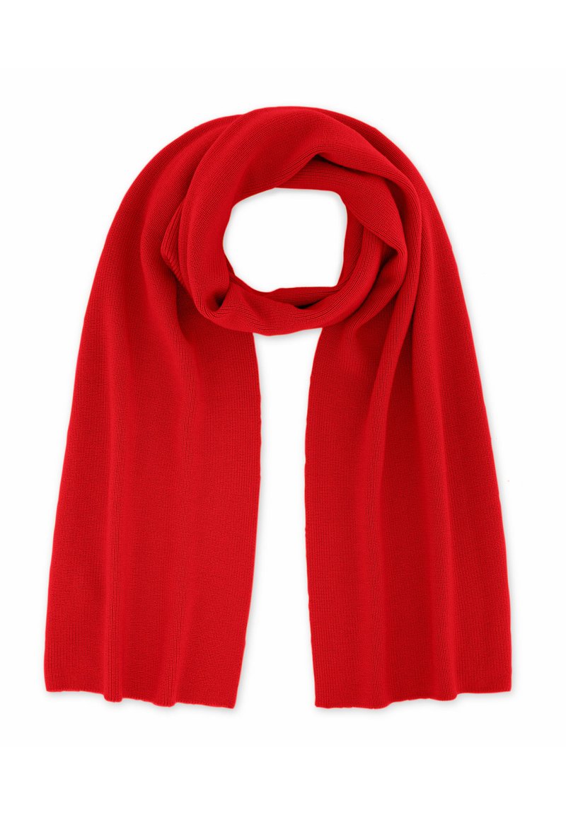 Écharpe rouge en tricot avec une texture lisse et une forme allongée, présentant un motif côtelé uniforme et sans matériel ou accents visibles.