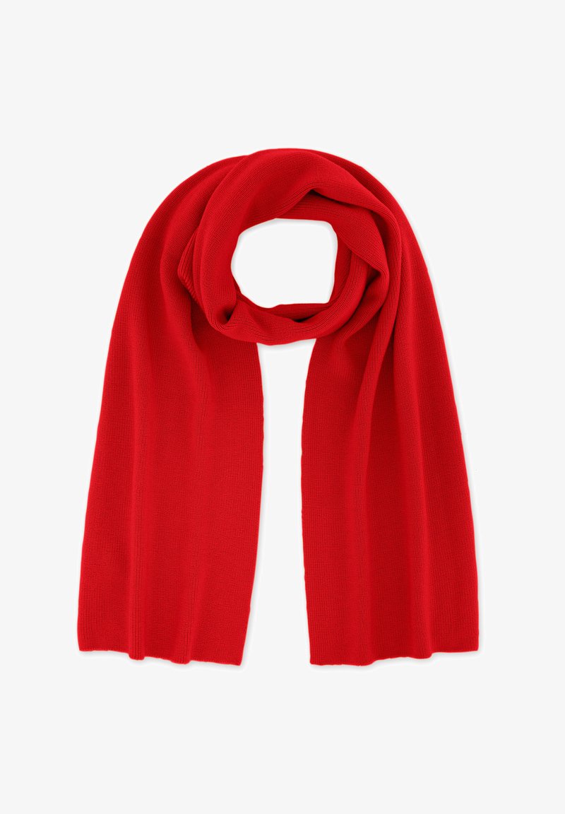 Écharpe rouge en tricot avec une texture lisse et une forme allongée, présentant un motif côtelé uniforme et sans matériel ou accents visibles.