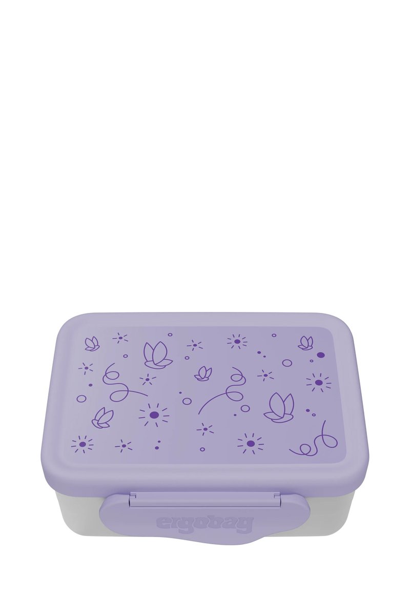 Violette rechteckige Brotdose mit einem bedruckten Deckel, der Blumen und Wirbel zeigt, aus Plastik, mit einem Verriegelungsverschluss in helllila.