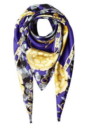 Écharpe en soie violette avec chaîne dorée, motifs floraux jaunes et accents de camouflage gris, pliée en forme triangulaire.