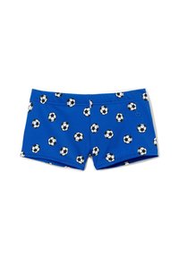 Shorts de bain bleu en tissu extensible, présentant un motif intégral de ballons de soccer noirs et blancs. Comprend une taille élastique.