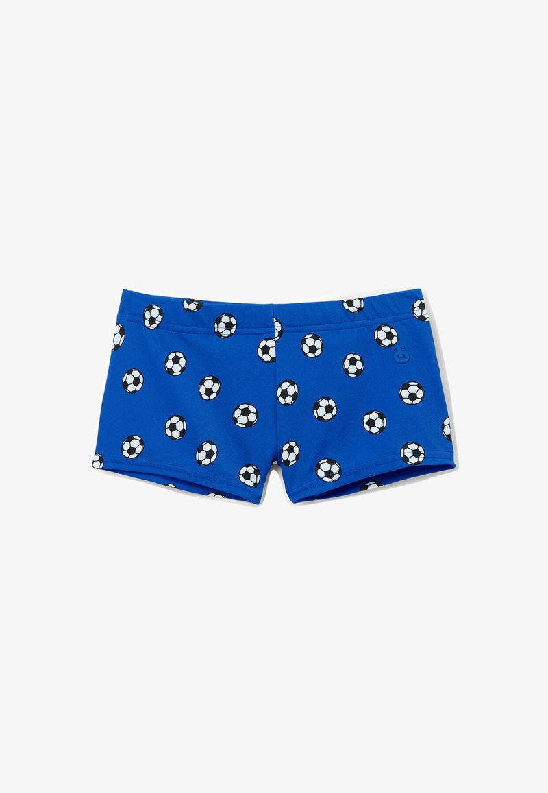 Blaue Badeshorts aus dehnbarem Material mit einem Allover-Muster von schwarz-weißen Fußballen. Mit elastischem Bund.