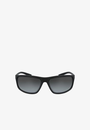 Occhiali da sole rettangolari neri con lenti scure e montatura in plastica elegante, mostrati su uno sfondo bianco.