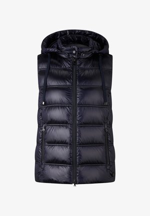 Navy blue padded sleeveless jacket with front zipper, two zippered pockets, and an attached hood with adjustable drawstrings.