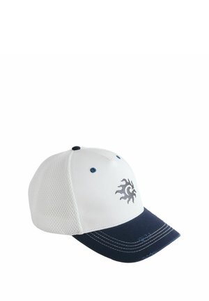 Biała siatkowa czapka baseballowa z granatowym daszkiem i czarnym emblematem słońca na przednim panelu.