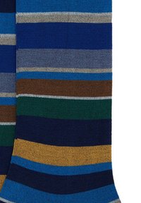 Calze a righe in blu, verde, grigio, marrone e oro, con bande orizzontali di larghezze variabili e una texture in maglia morbida.