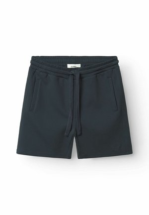 Donkergrijze shorts van textuurstof, met een elastische tailleband en trekkoord, en twee zijzakken. Merkenlabel zichtbaar.