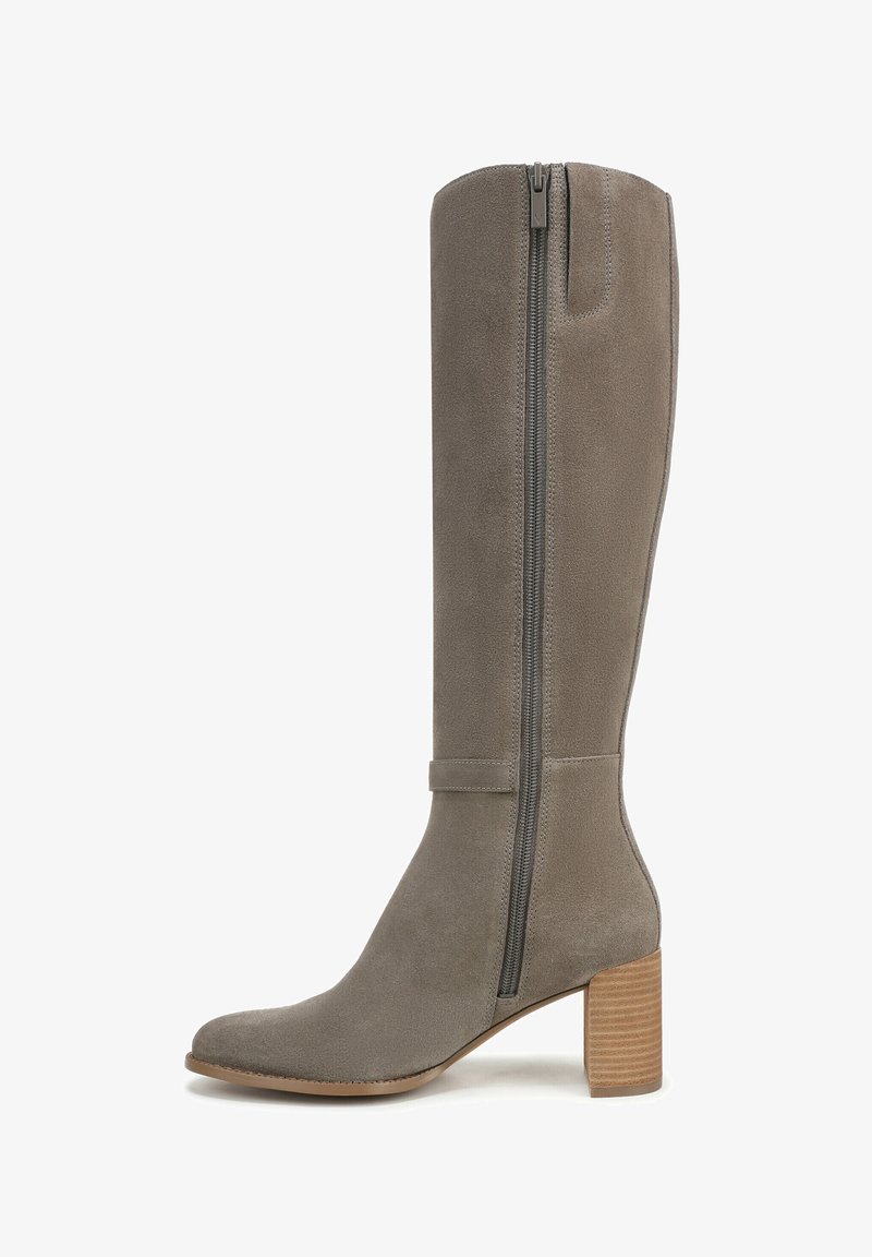Gray suede knee-high boot with a side zipper, elongated pointed toe, and a stacked wooden heel with horizontal grooves.
