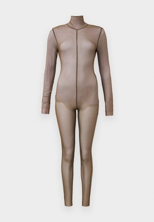 Brun net bodysuit med lange ærmer og høj hals. Har et sømløst design med en tætsiddende silhuet og minimal syning.